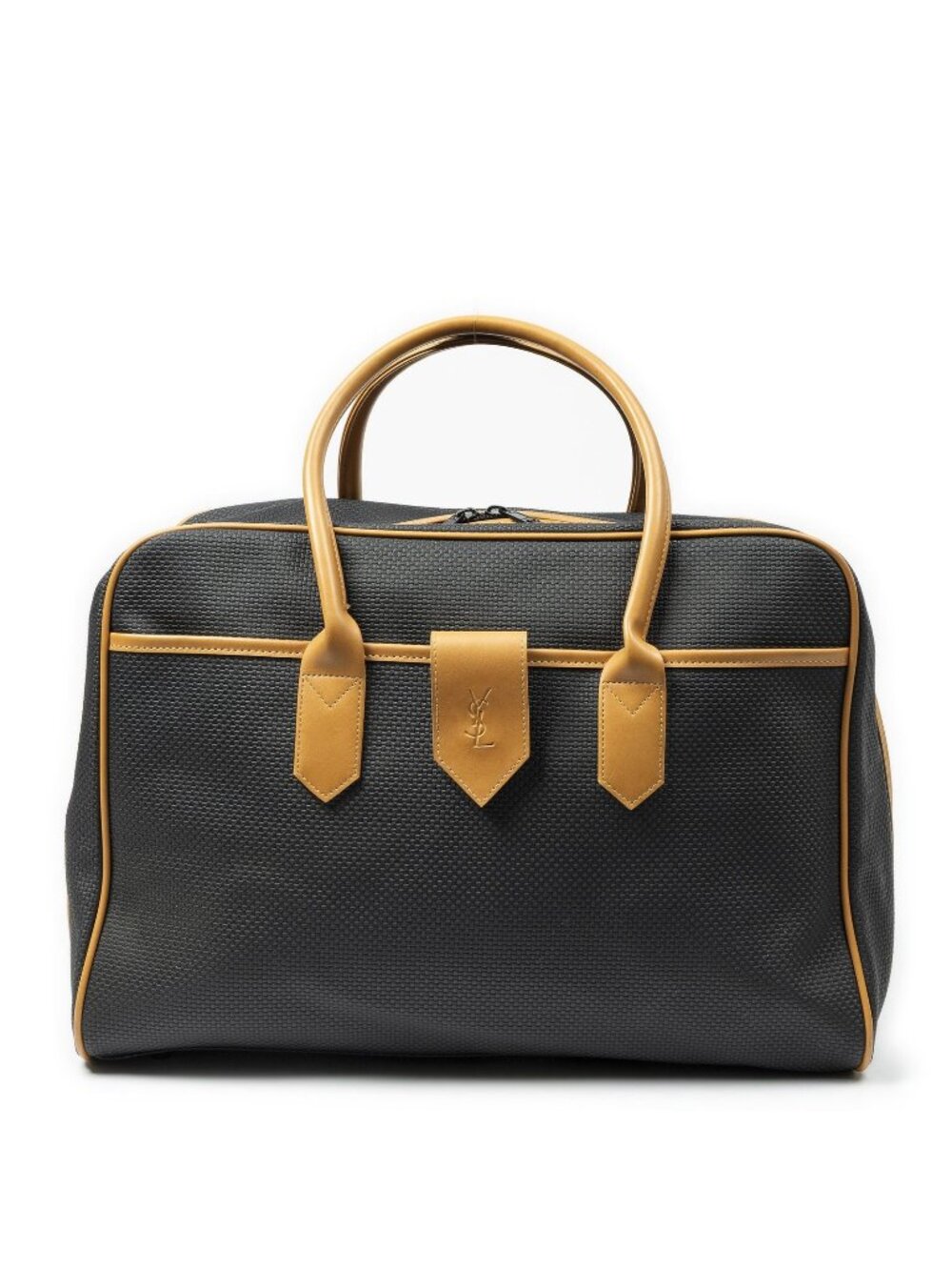 Saint Laurent Vintage Medium Travel Boston Black Tan Canvas Handbag